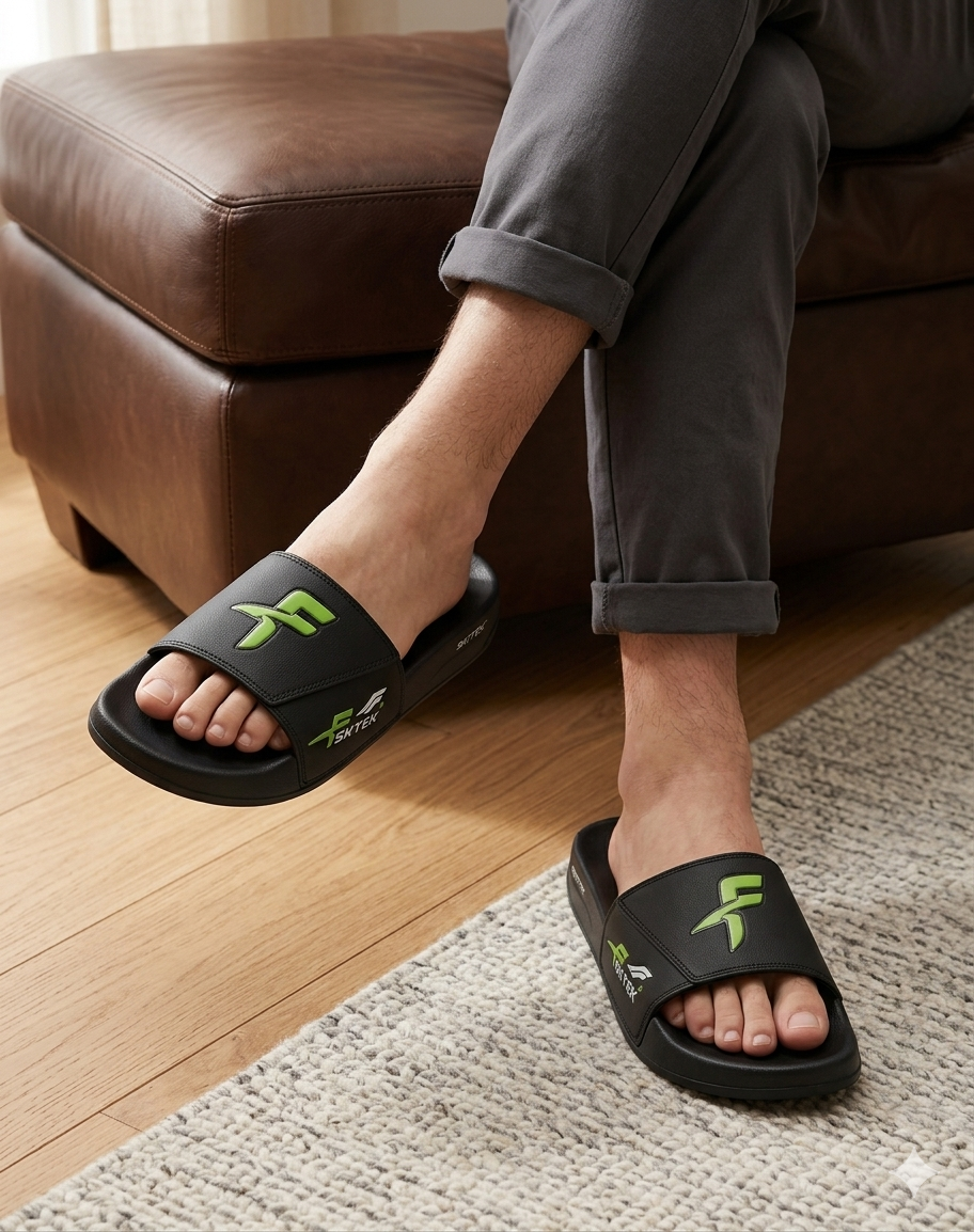 F Sheldon Black with Green Printed Logo Slipper