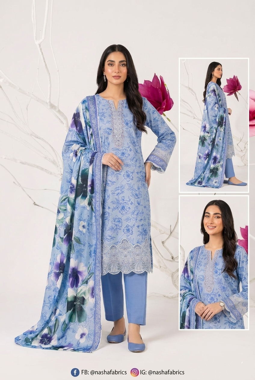 Nasha Fabrics Women Lawn Embroidered & Printed Suit - Blue