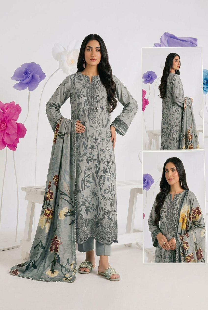 Nasha Fabrics Women Lawn Embroidered & Printed Suit - Grey