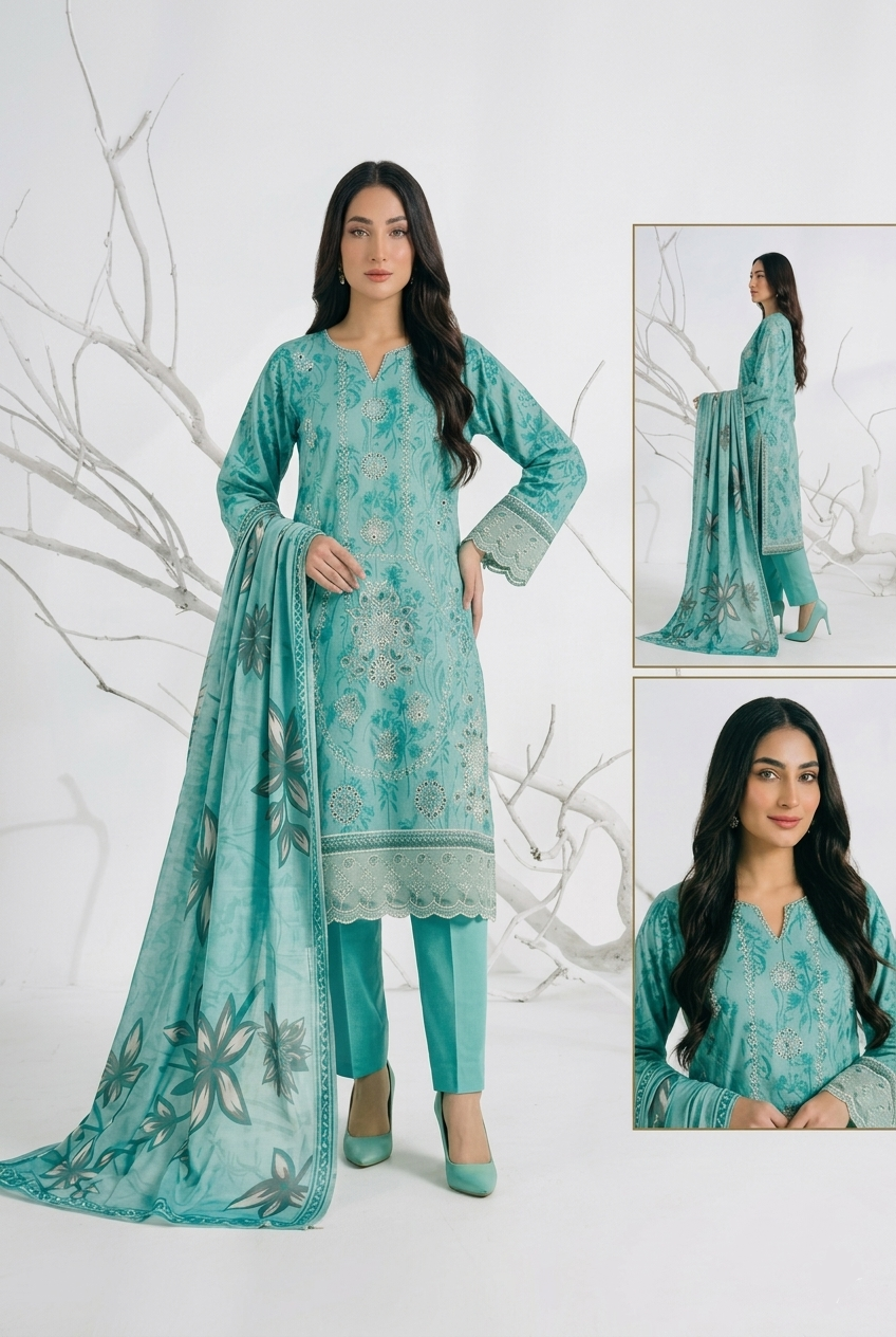 Nasha Fabrics Women Lawn Embroidered & Printed Suit - Sea Green
