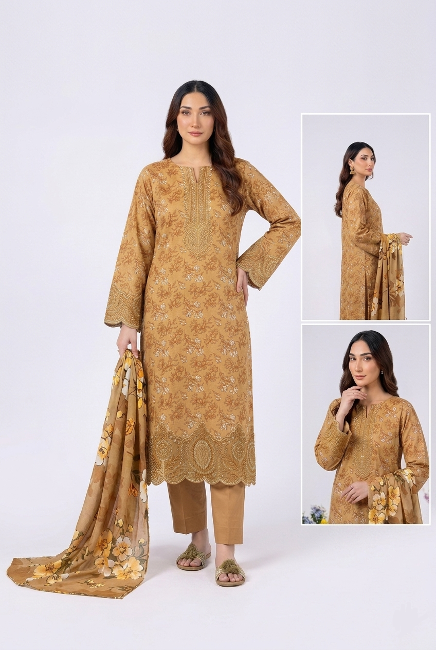 Nasha Fabrics Women Lawn Embroidered & Printed Suit - Mustard Yellow