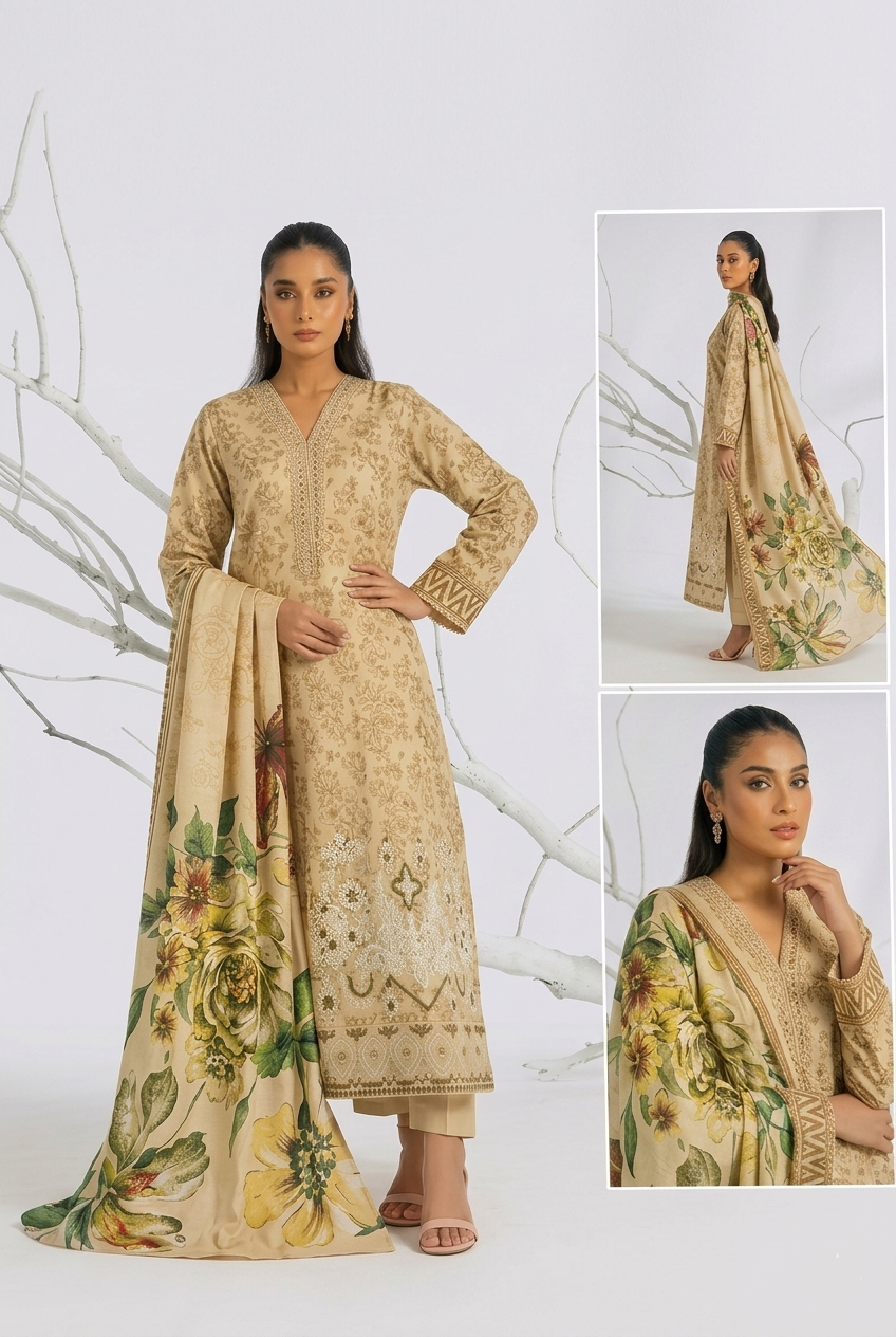 Nasha Fabrics Women Lawn Embroidered & Printed Suit - Beige