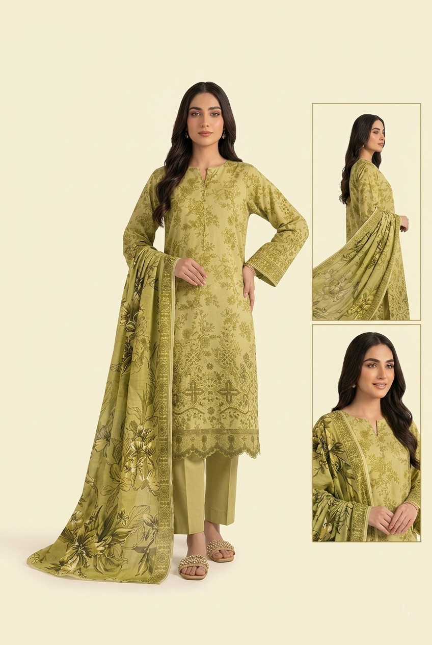 Nasha Fabrics Women Lawn Embroidered & Printed Suit - Apple Green