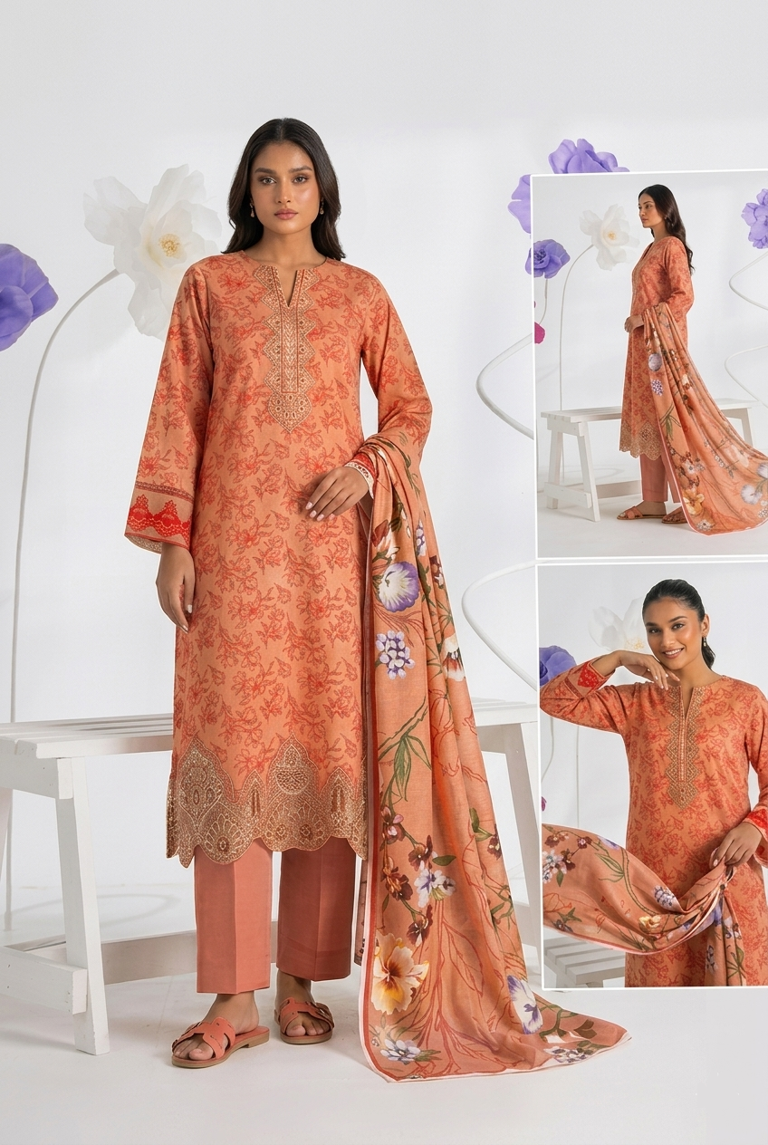 Nasha Fabrics Women Lawn Embroidered & Printed Suit - Orange