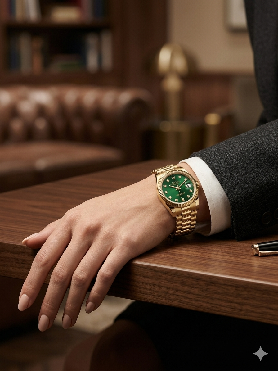 FALEDA Oyster Style Automatic Men's Watch – Gold Fluted Bezel Green Dial