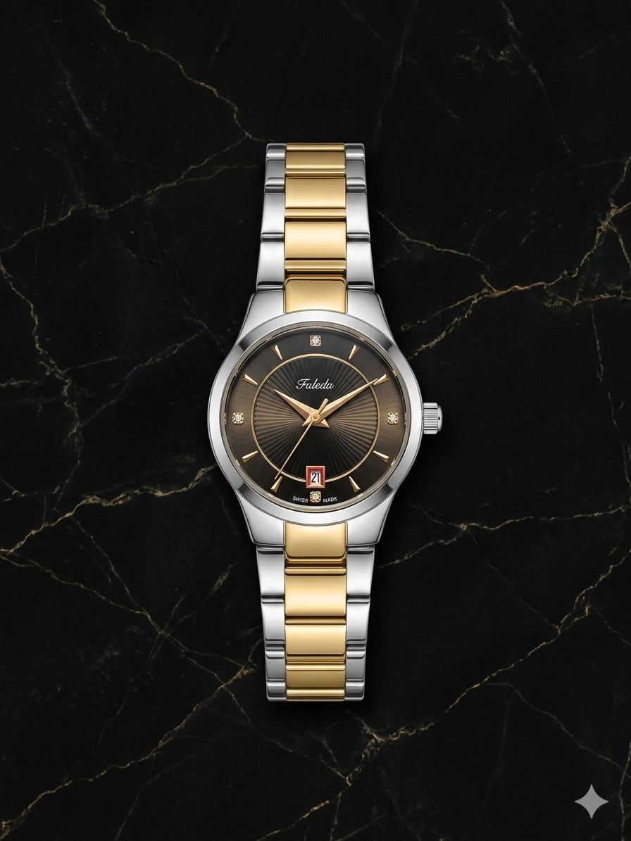 FALEDA Two-Tone Automatic Watch – Black Dial with Date