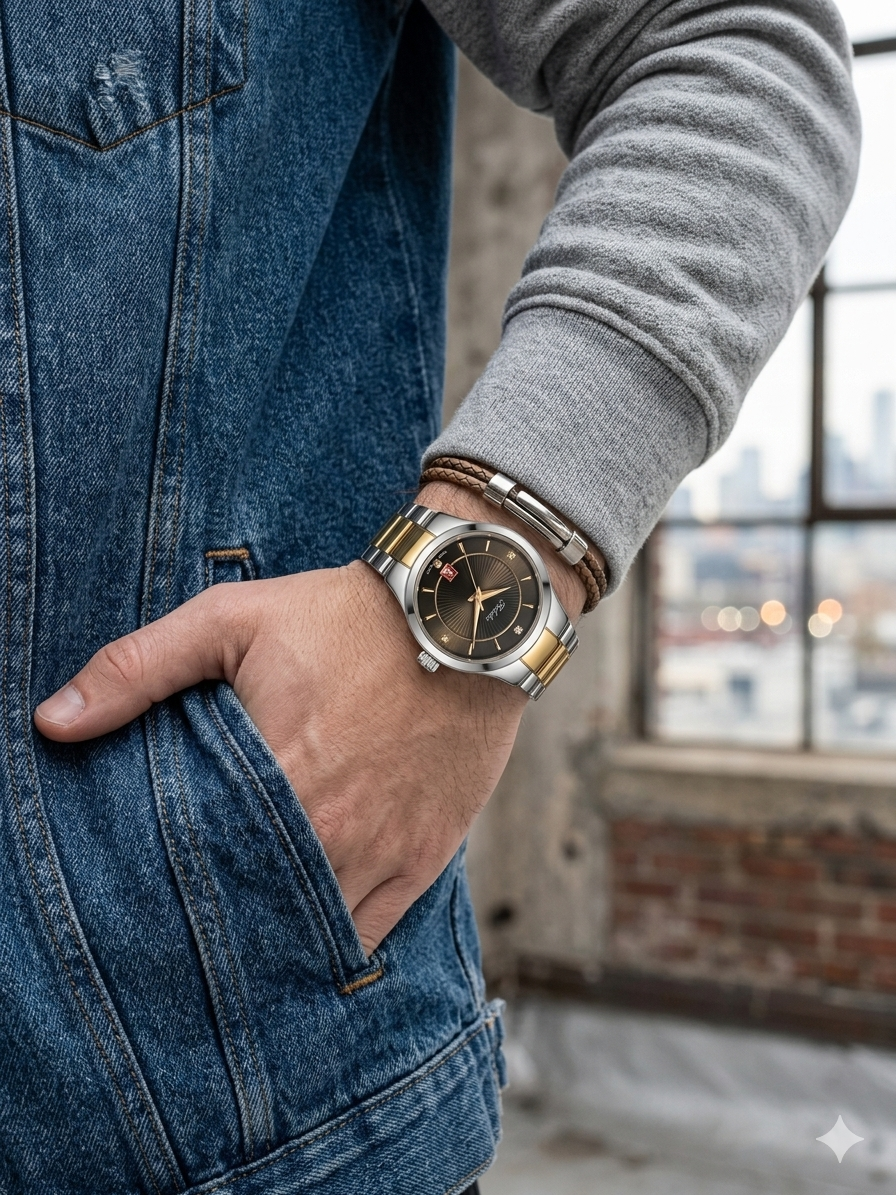 FALEDA Two-Tone Automatic Watch – Black Dial with Date
