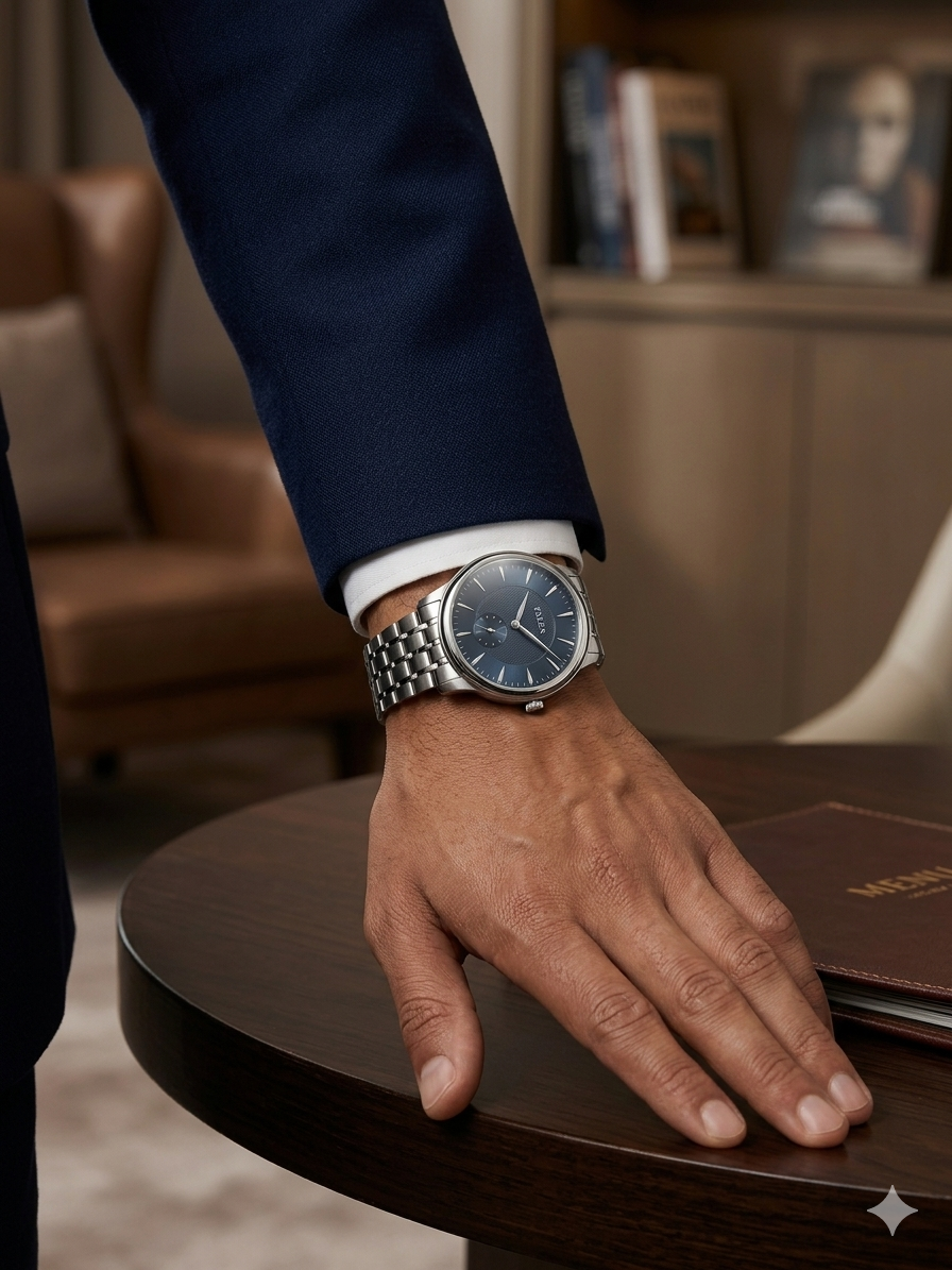 FALEDA Silver Quartz Men's Watch – Blue Dial with Silver Stainless Steel Case