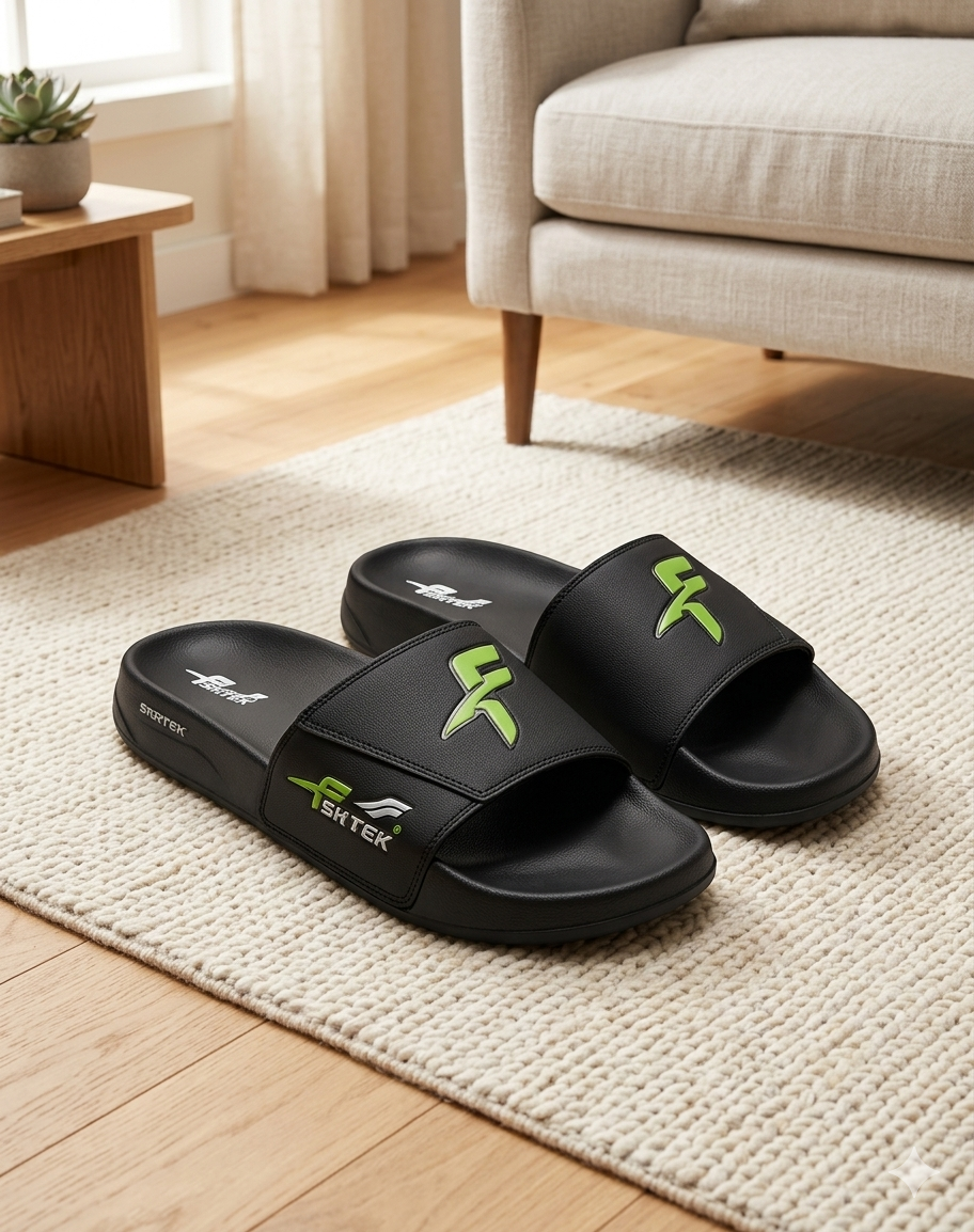 F Sheldon Black with Green Printed Logo Slipper