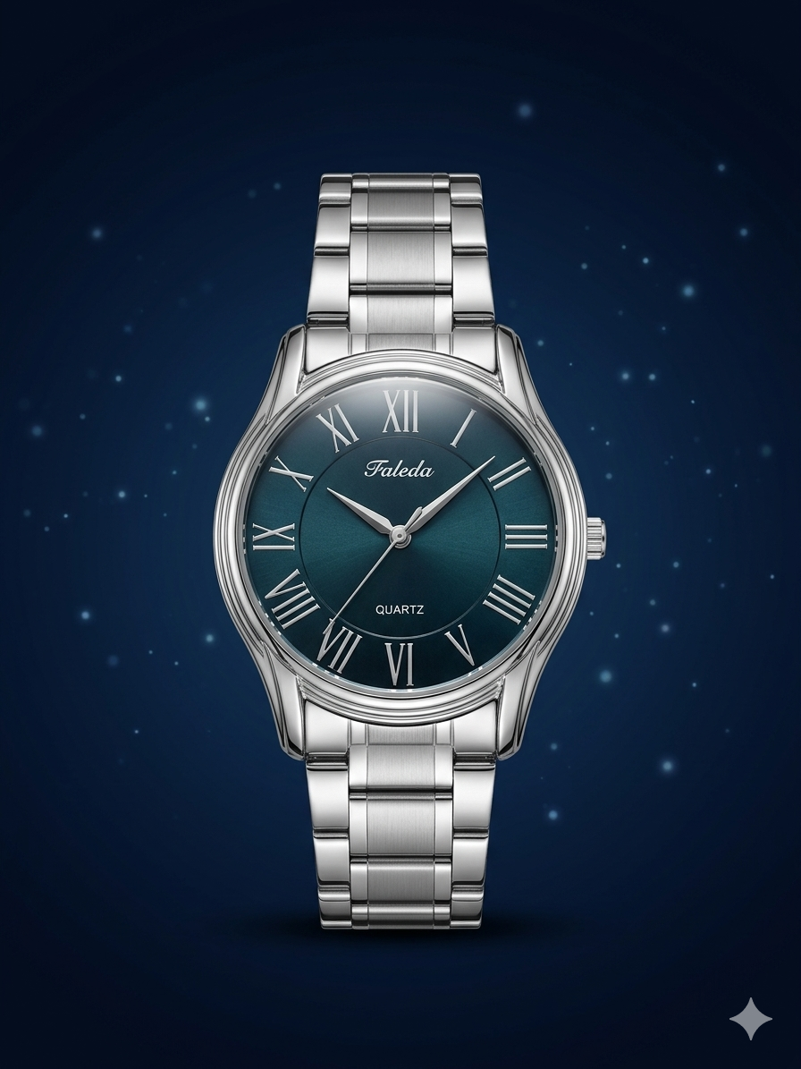 FALEDA Silver Quartz Men's Watch – Green Dial with Silver Stainless Steel Case