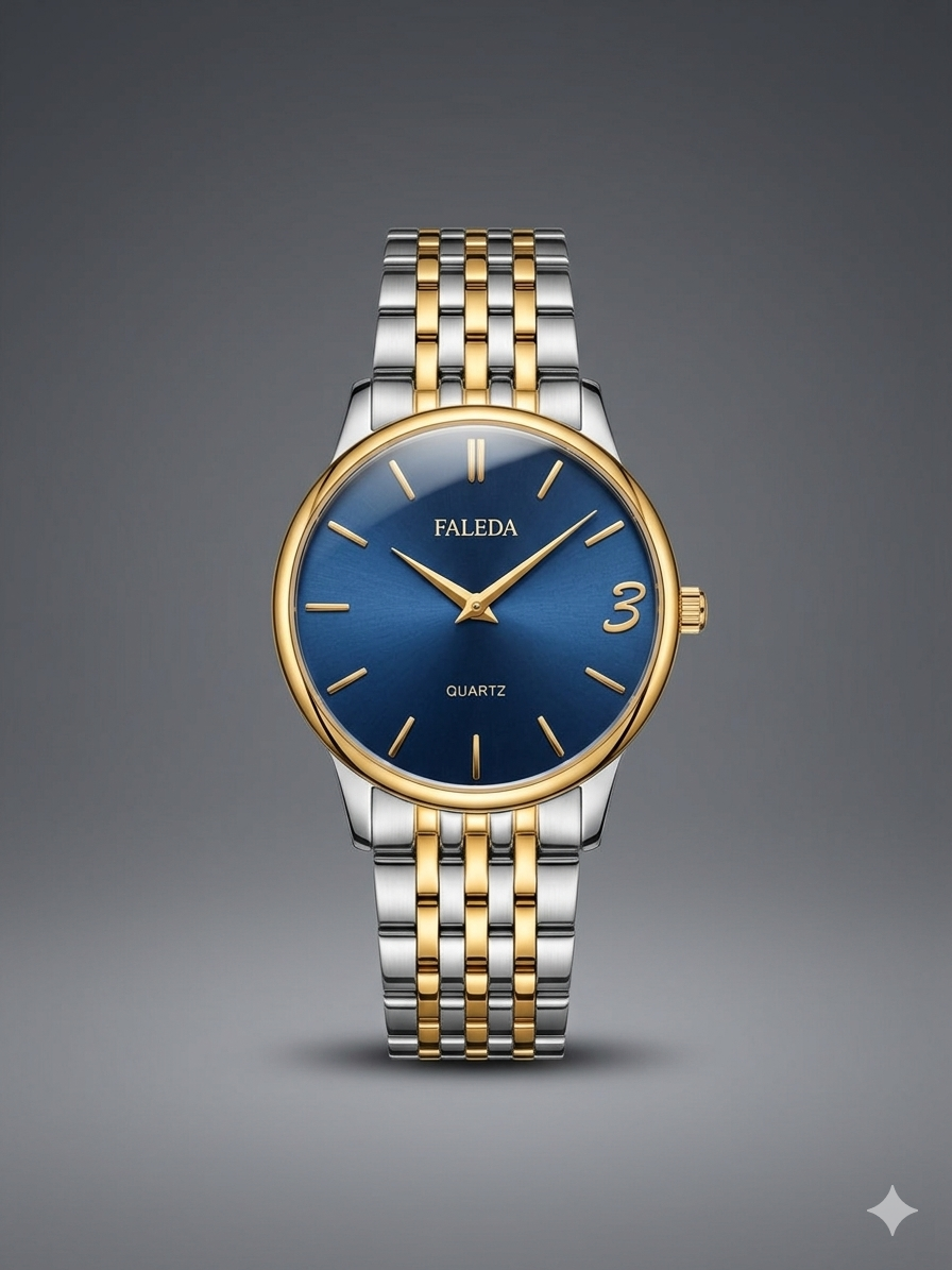 FALEDA Quartz Men's Watch - Blue Dial Silver Case