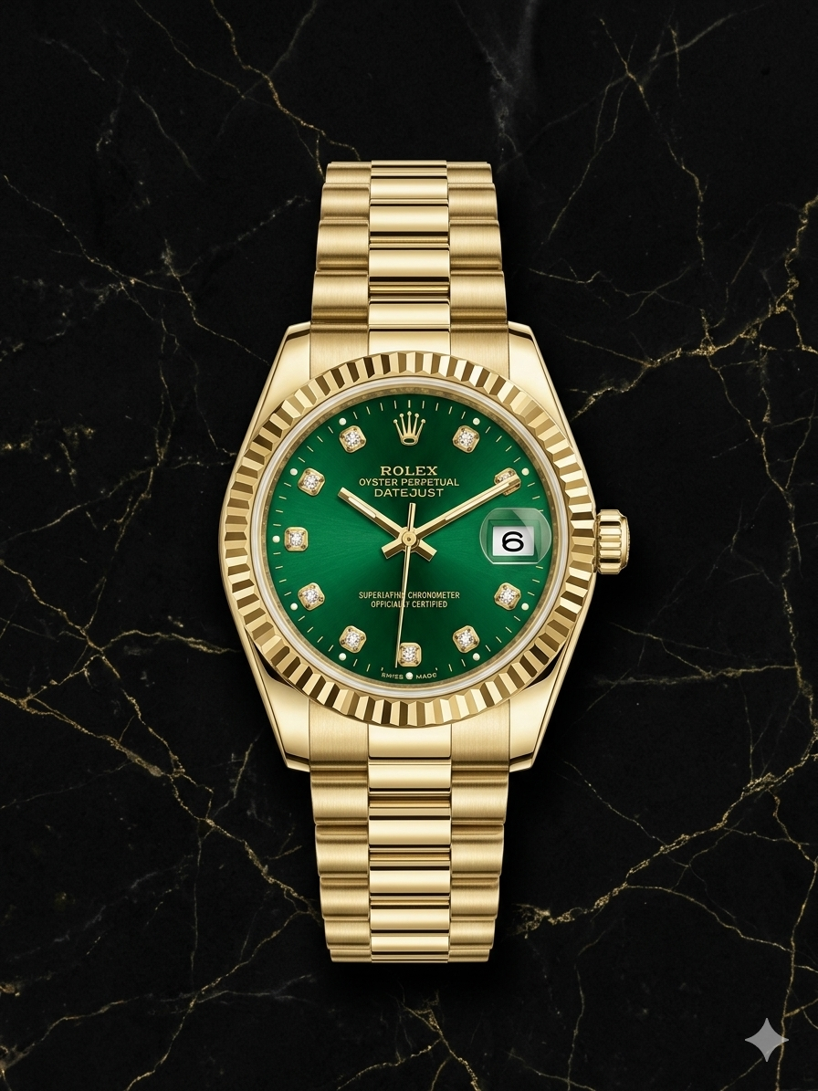 FALEDA Oyster Style Automatic Men's Watch – Gold Fluted Bezel Green Dial